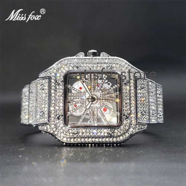 Luxo Hip Hop Ice out Mens Watch Iced Custom Bling Cz VVS Silver Square Diamond