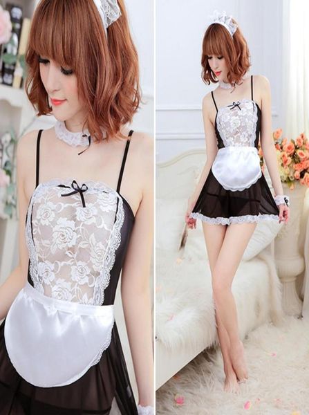 Venda inteiras lingerie sexy preto branco francês avental empregada doméstica lolita traje vestido uniforme5932684