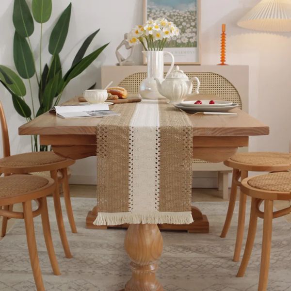 Moda borlas corredor de mesa estilo fazenda natural serapilheira boho decoração rústico tecido algodão crochê renda 240307