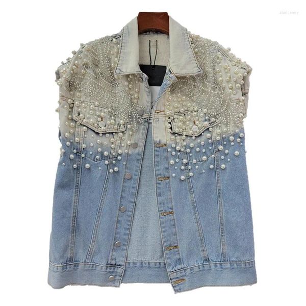 Coletes femininas Beading Pearl Big Bolso Tie Dye Contraste Cor Denim Colete Mulheres Soltas Cowboy Colete Moda Sem Mangas Jeans Jaqueta Feminina