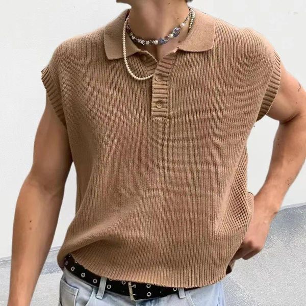 Polo da uomo Primavera Solido senza maniche in maglia Polo da uomo Casual con scollo a V Bottone Slim Top Pullover Estate Vintage Streetwear T-shirt