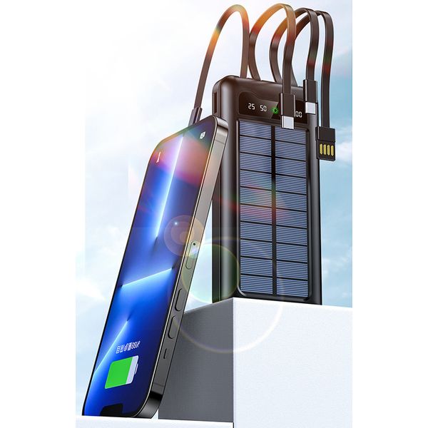 Tela digital equipada com cabo de carregamento três em um, banco de energia solar para celular externo, capacidade real de fonte de alimentação móvel de 10000mAh