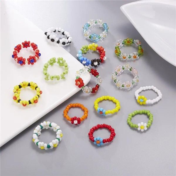 Cluster-Ringe 15 Stil koreanische bunte Böhmen kleine Blumenring handgefertigte Multi-Perlen-Reisperlen für Frauen Strand Schmuck Geschenke