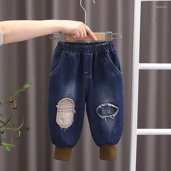 Calças 2024 primavera outono crianças bebê meninos moda jeans rasgado retalhos denim jogger calças roupas casuais das crianças