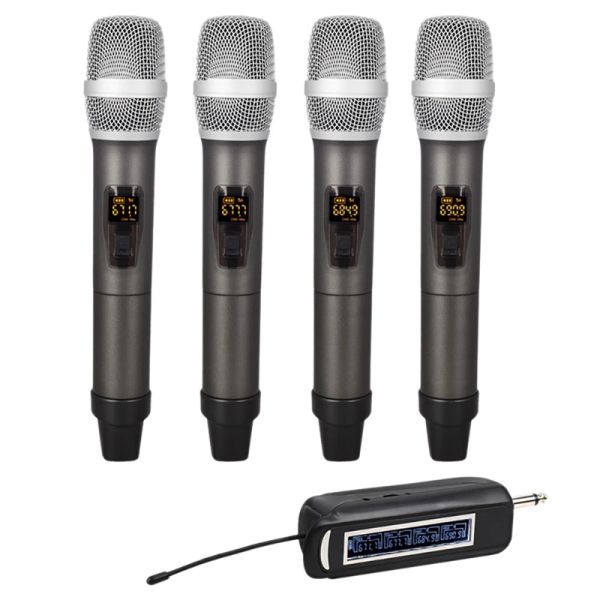 Microfones sistema de microfone sem fio 4 canais uhf conjunto de microfone sem fio com quatro microfones de mão para casamentos de karaokê