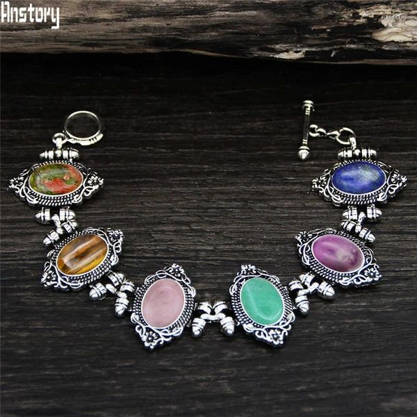 Charm Bilezikler Vintage Oval Bitki Çiçek Kuvars Ametistler Kadınlar için Antik Gümüş Kaplama Doğal Taş UKITE Jade Moda