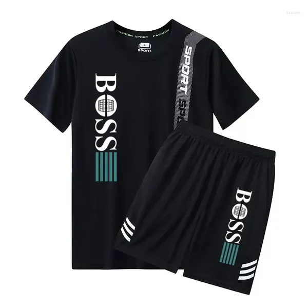 Fatos de treino masculino 2024 moda esportes wear verão fitness manga curta camiseta shorts secagem rápida conjunto de 2 peças