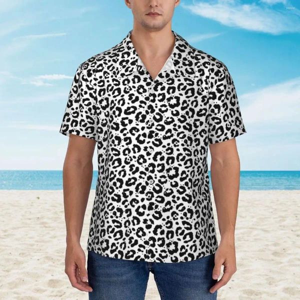 Camisas casuais masculinas preto branco leopardo impressão camisa havaiana homens férias animale neve chita harajuku na moda blusas de grandes dimensões