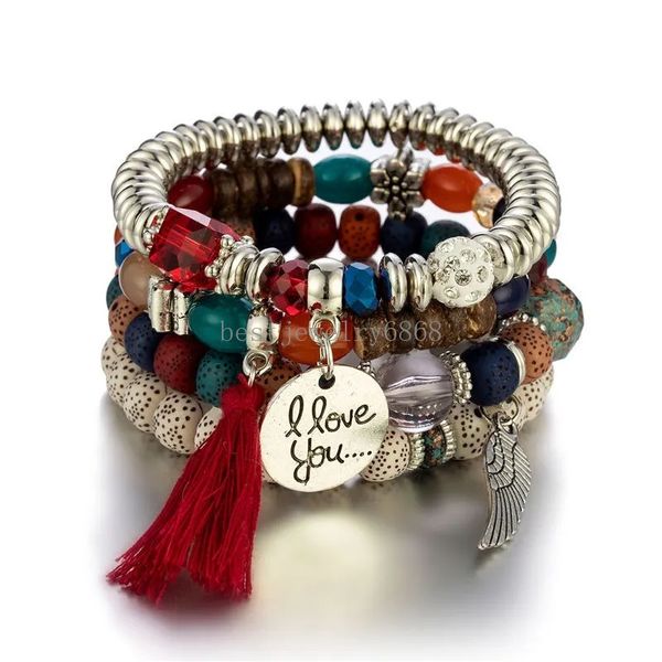 Eu te amo encantos pulseiras moda asa pingente redondo contas de arroz frisado pulseira amante casais presente boêmio colorido multicamadas elástico artesanal jóias pulsera