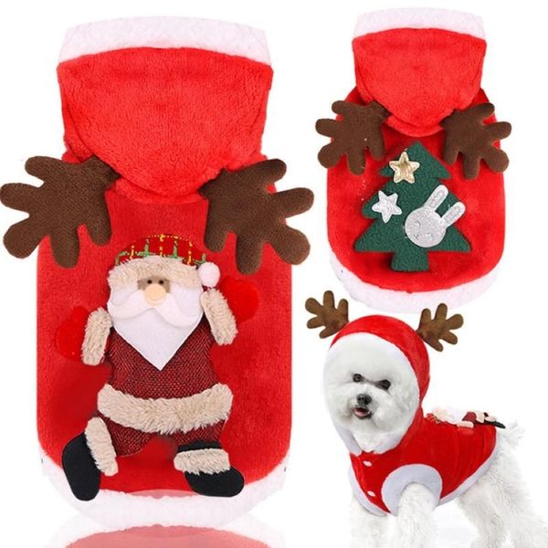 Vestuário de cão Pet Roupas de Natal Filhote de cachorro Xmas Santa Rena Traje Inverno Quente Fleece Hoodies Camisola Casaco para Cães Pequenos Cats231M