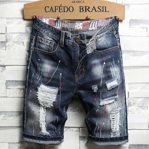 Moda graffiti rasgado mens jean shorts remendo esfarrapado cinco centavos mendigo denim calças de alta qualidade marca jeans roupas masculinas 240227