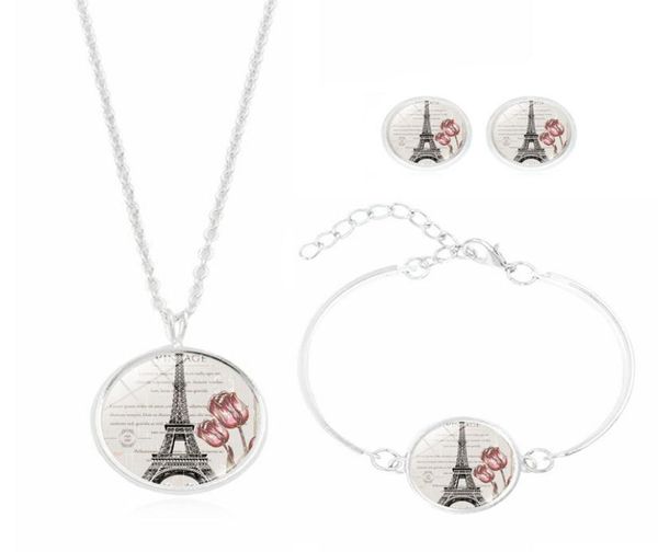 Neues 5SetVintage-Schmuckset mit versilbertem Glascabochon, Eiffelturm-förmigem Halsband, Halskette, Ohrring, Armband-Set für Chi9124937