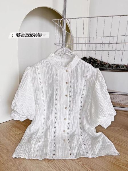 Blusas femininas iyundo 2024 coreano chique verão topos elegante manga puff o pescoço oco camisa branca único botão breasted roupas femininas