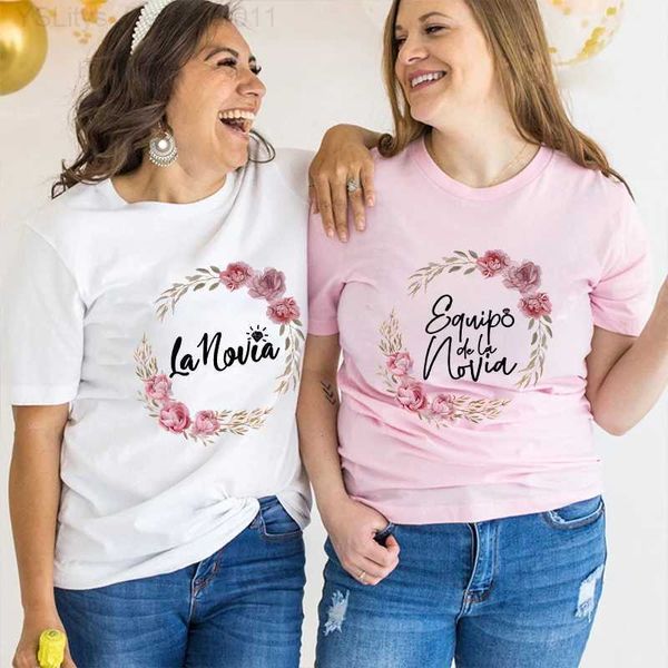 T-shirt das mulheres Mulheres espanholas Nupcial Casamento Noivado T-shirt Bachelorette Hen Party Camiseta Dama de Honra Equipe Noiva Esquadrão Flor Coroa Y2k Tops L24312