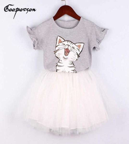 Fashiong crianças meninas roupas conjunto bonito gato impresso cinza camiseta e branco tutu saia princesa roupas terno para bebê menina verão 2102898544