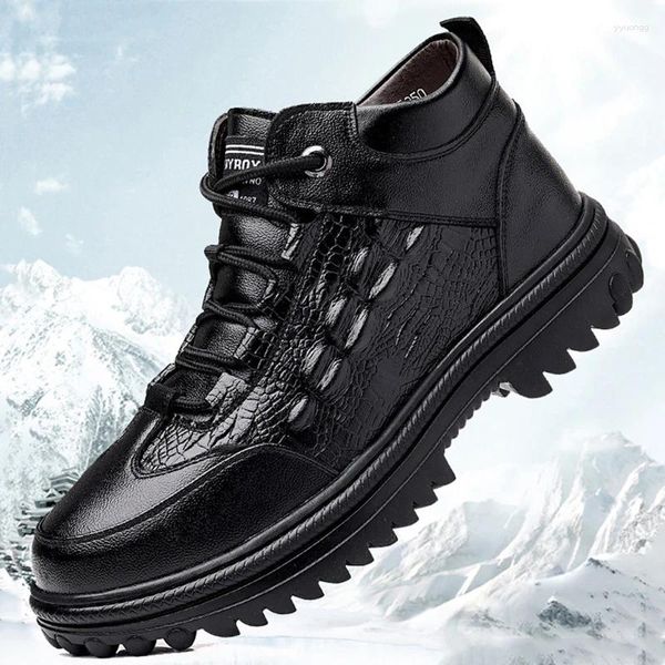 Botas moda masculina couro genuíno crocodilo impressão tênis casuais sapatos de luxo lã britânica dentro neve quente