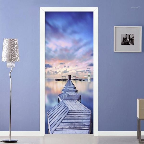 Moderne 3D Blauer Himmel Meerblick Holz Brücke Tür Aufkleber Wohnzimmer Schlafzimmer Kreative PO Wandbild Wasserdichte Tapete 3D1271U