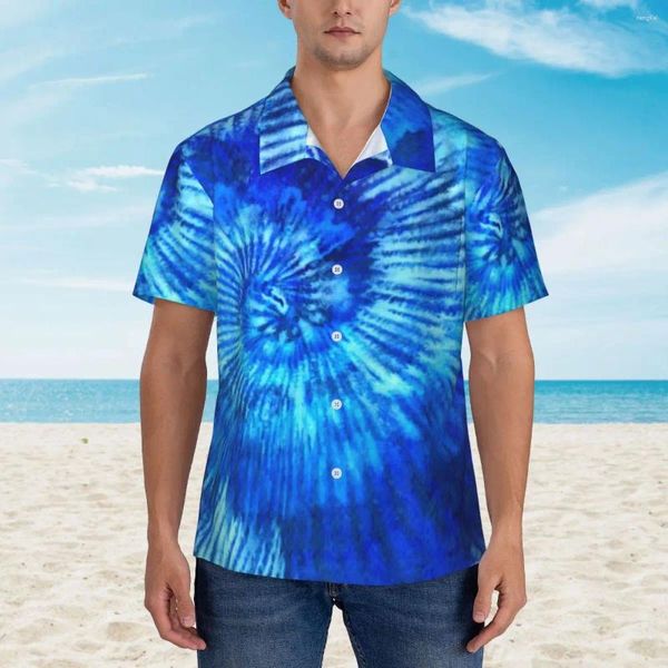 Мужские повседневные рубашки Рубашка в стиле хиппи с принтом тай-дай Синяя одежда современного искусства Модные гавайские мужчины с короткими рукавами Пляжная уличная одежда Дизайн Блузки больших размеров