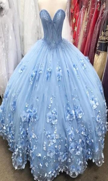 Mavi Tatlı 16 Quinceanera Elbiseler 2020 Balo Gown Off 3D Çiçekler Artı Boyut Ucuz Debutante Vestidos 15 ANOS15240634833584