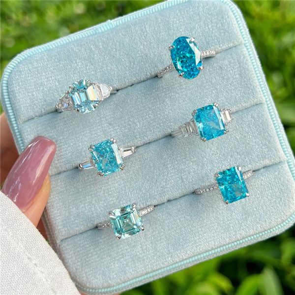 Anel de designer de amor de diamante azul para mulher casamento noivado 925 prata esterlina oval quadrado zircônia solitário anéis de luxo jóias mulheres caixa de presente de aniversário tamanho 5-9