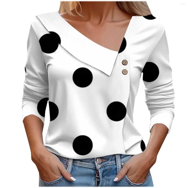 Frauen T Shirts Lose Beiläufige Lange Ärmeln Gedruckt T-shirt Herbst Modische Diagonal Kragen Polka Dot Tees Top Moda Mujer blusa