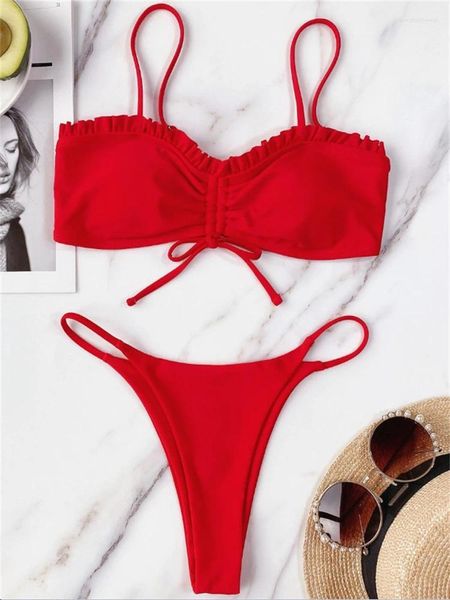 Mulheres Swimwear Biquíni Mulheres Swimsuit 2024 Red Sling Biquinis Set Sexy Ruffle Verão Duas Peças Beach Wear Terno de Banho para Feminino