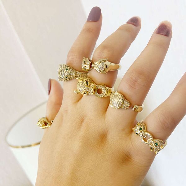 Gioielli pieni di diamanti, zirconi, anello con testa di leopardo, anello in oro decorato a mano di lusso leggero di nicchia femminile R31