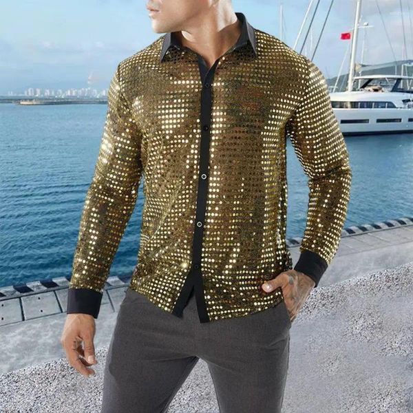 Camicie casual da uomo Camicia da uomo club Vintage anni '70 con paillettes risvolto Disco per feste Slim Fit lucido lucido Performance con lungo