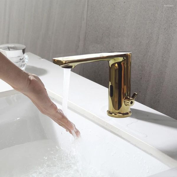 Badezimmer-Waschtischarmaturen, automatische berührungslose Waschtischarmatur, Wasserhähne, Körper, Vollmessing, Kupfer, goldene Farbe, Mischer, Wasser, Kaltwasser, Wechselstrom, 220 Spannung, Batterieleistung