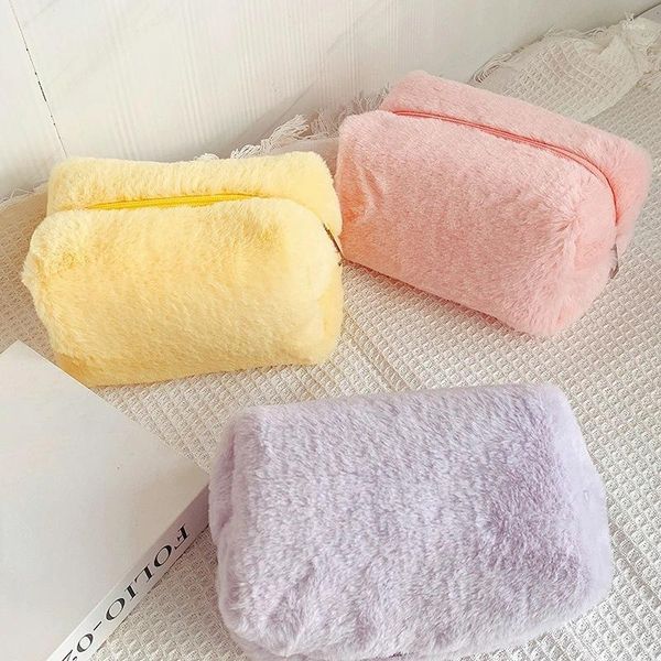 Borse per cosmetici Borsa per trucco in peluche tinta unita da 1 pezzo per donna Custodia morbida per organizer da viaggio Accessori per il trucco da donna carina