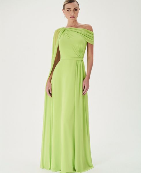 Abiti da sera eleganti in chiffon verde chiaro lungo A-Line Cerniera sul retro Lunghezza pavimento Abiti da ballo pieghettati Robe De Soiree Abito da festa formale per le donne