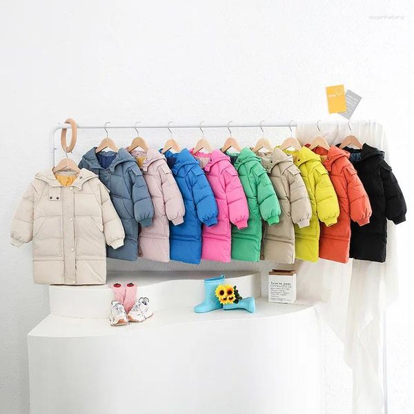 Down 2024 Kış Kışları Ceket Moda Düz Renk Çocuklar İçin Sıcak Açık Giyim Çocuklar Orta Uzunlukta Kızlar Kapşonlu Erkekler Dış Giyim
