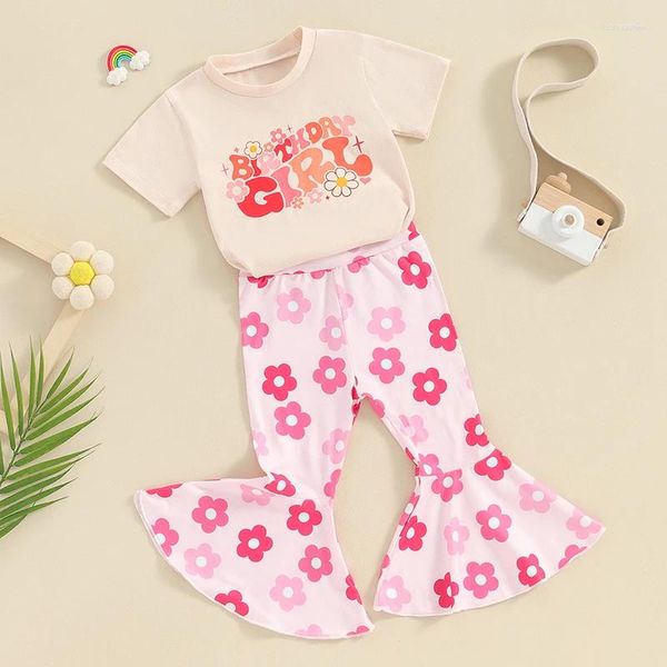 Conjuntos de roupas para bebês meninas roupas de aniversário manga curta camiseta top estampa floral calças flare conjunto de 2 peças