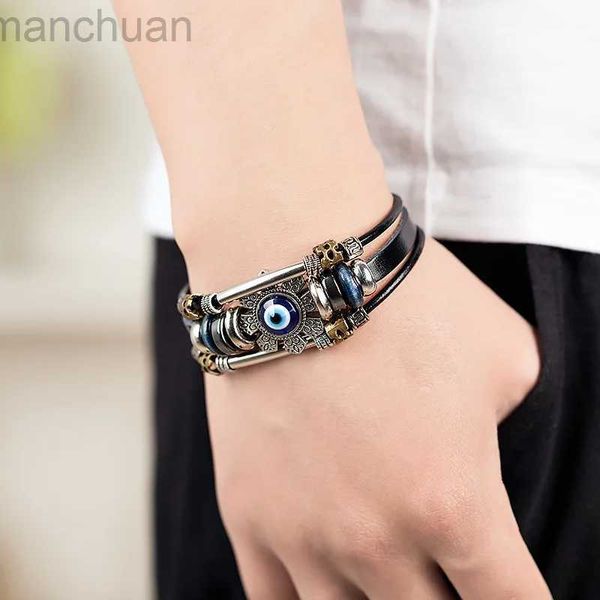 Armreif Punk Türkischer Böser Blick Edelstahl Biegung Mehrschichtiges Lederarmband Mann Frau Charme Blumenschmuck Armreif Bijouterie ldd240312