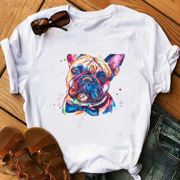 Damen-T-Shirt mit Aquarell-Fliege, Frenchie/Boxer/Dobermann/Husky/Jack Russel/Retrir/Samojeden-Aufdruck, weißes T-Shirt für Frauen, Hundeliebhaber, Geschenk, Oberteile, T-Shirts, L24312, L24312