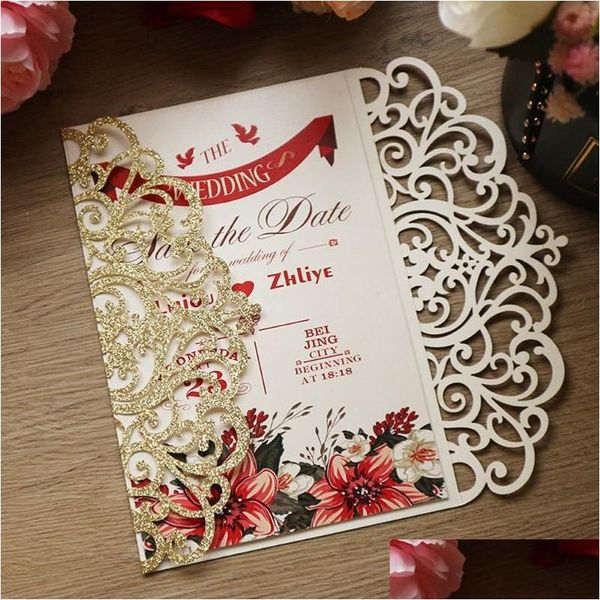 Grußkarten 100 stücke Champagner Silber Glitter Laser Cut Hochzeitseinladungen mit leeren Innenblättern und Umschlägen für Brautparty D DHSZX