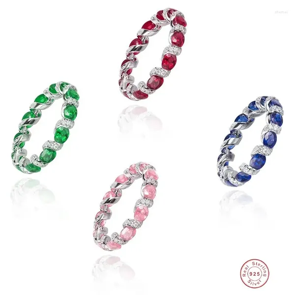 Cluster Ringe Romantisches 925 Sterling Silber Band für Frauen Vier Farben Rot Blau Rosa Grün Edelstein Ring Fingerschmuck Mädchen Geschenk