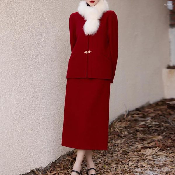 Abiti da lavoro Autunno Inverno Set di lana Cappotti stile cinese da donna 2024 Giacche di fascia alta Top slim e bretelle Abito a due pezzi