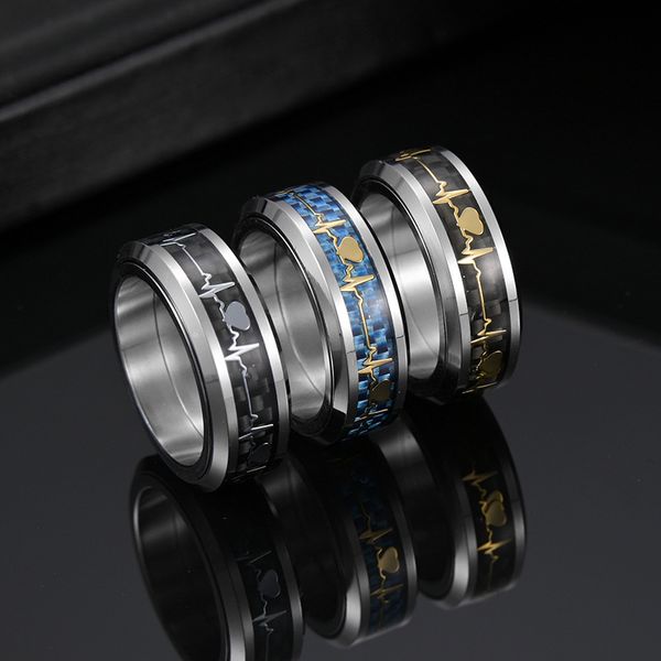 Rotierender Ring aus Edelstahl mit reduziertem Druck, eingelegte Karbonfaser-Herzschlag-Elektrokardiogramm-Ringband für Damen und Herren, Modeschmuck