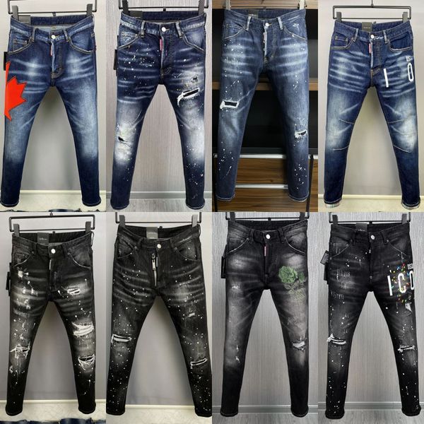 D2 DSQ ICON Modische Designer-Hose mit D2-Stickerei, dünne Füße, lila Jeans, zerrissene Mode, mit Farbspritzern, Retro-Blau, Streetwear, Marke Dsquared Jeans, lila
