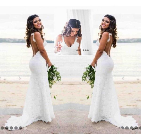 Sereia praia rendas vestidos de casamento 2019 moda modesta espaguete sem costas país boêmio fishtail nupcial férias dress9612209