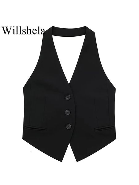 Willshela moda feminina preto sem costas rendas até coletes vintage halter pescoço sem mangas jaquetas feminino chique senhora regata 240229