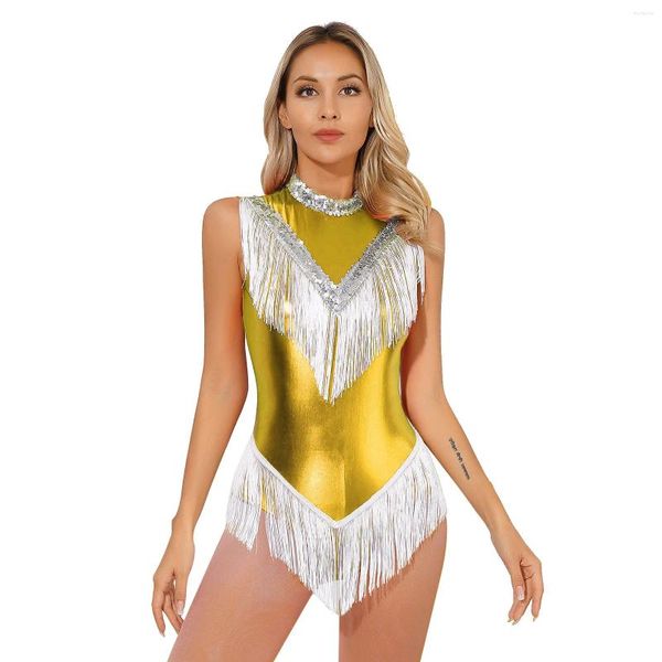 Bühnenkleidung Damen-Lateintanz-Trikot mit metallischer Quaste, glänzende Pailletten, Bodysuit, Ballsaal, Samba, Rumba, Tango, Cha-Cha-Tanzen, Performance-Kostüm