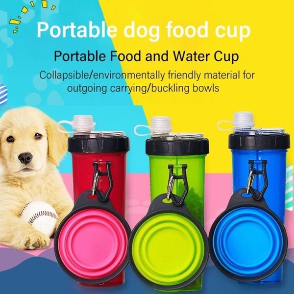 2 em 1 pet viagem beber garrafa de água dobrável tigela de alimentação do cão copo viagem ao ar livre comida dispensador de água potável gato y200922210p