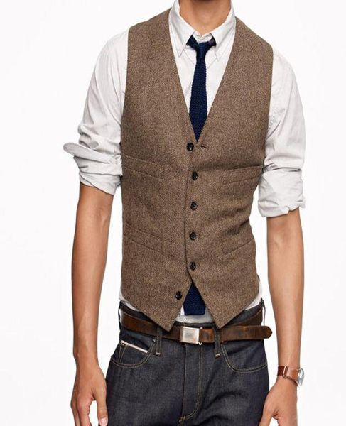 Gilet in tweed marrone di nuova moda in lana a spina di pesce stile britannico gilet da uomo slim fit senza maniche P0016529569