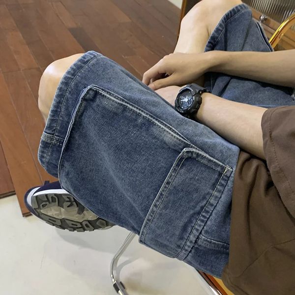 Yaz erkekler denim kısa sokak kıyafeti vintage Kore harajuku cep kot pantolon hip hop kargo pantolon büyük boy dipler erkek kıyafetler 240312