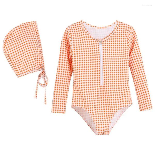 Damen Bademode Baby Mädchen Einteiliger Badeanzug Plaid Langarm Frühling Reißverschluss Strandstil Kinder