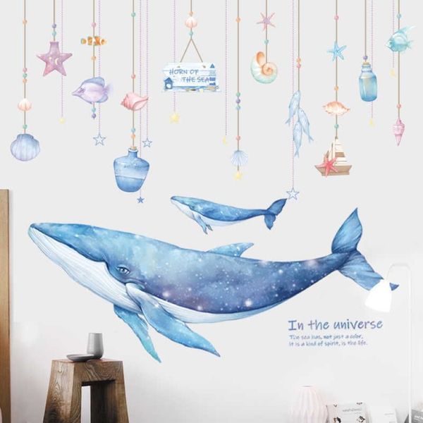 Adesivo da parete Cartoon Coral Whale per camerette per bambini Decorazioni da parete per bambini Adesivi per piastrelle in vinile Decorazioni per la casa impermeabili Decalcomanie da muro Murales 21291s