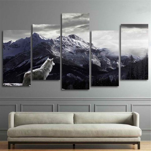 Coole HD-Drucke, Leinwand, Wandkunst, Wohnzimmer, Heimdekoration, Bilder, 5 Stück, Schnee, Bergplateau, Wolf, Gemälde, Tierposter, Framew280J