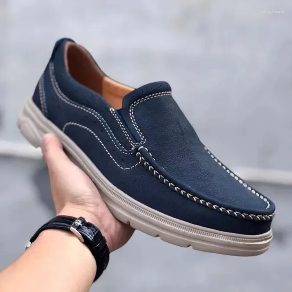 Freizeitschuhe 2024 Herren Bequeme Wohnungen für Herren Blau Grau Loafer Mann Echtes Leder Fahren